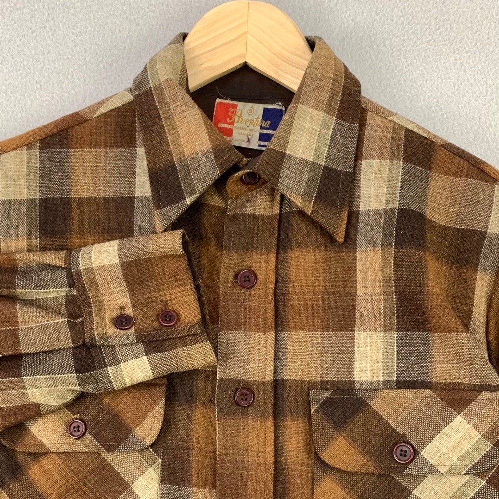Vintage Aventura Plaid Flannel Shirt Mens Small Brown Wool/Nylon 70s Surf Retro